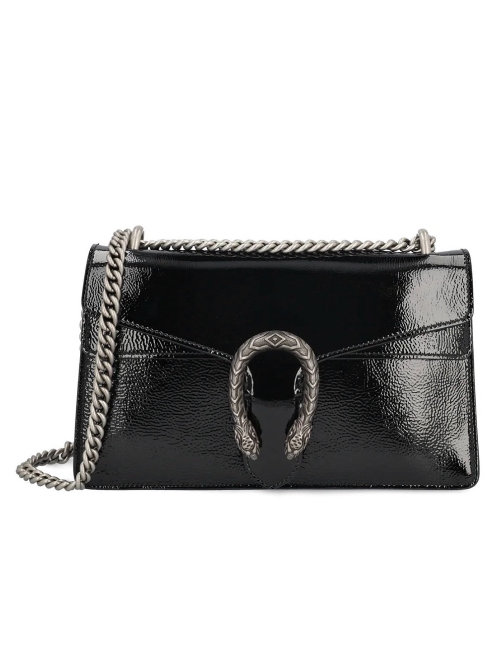 Gucci Black Patent Leather Shoulder Bag with Silver Chain